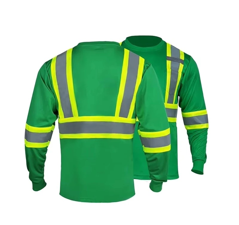 Hi Vis Shirts for Men Reflective ANSI Class 2 Safety Long Sleeve High Visibility Work Construction T Shirts Green