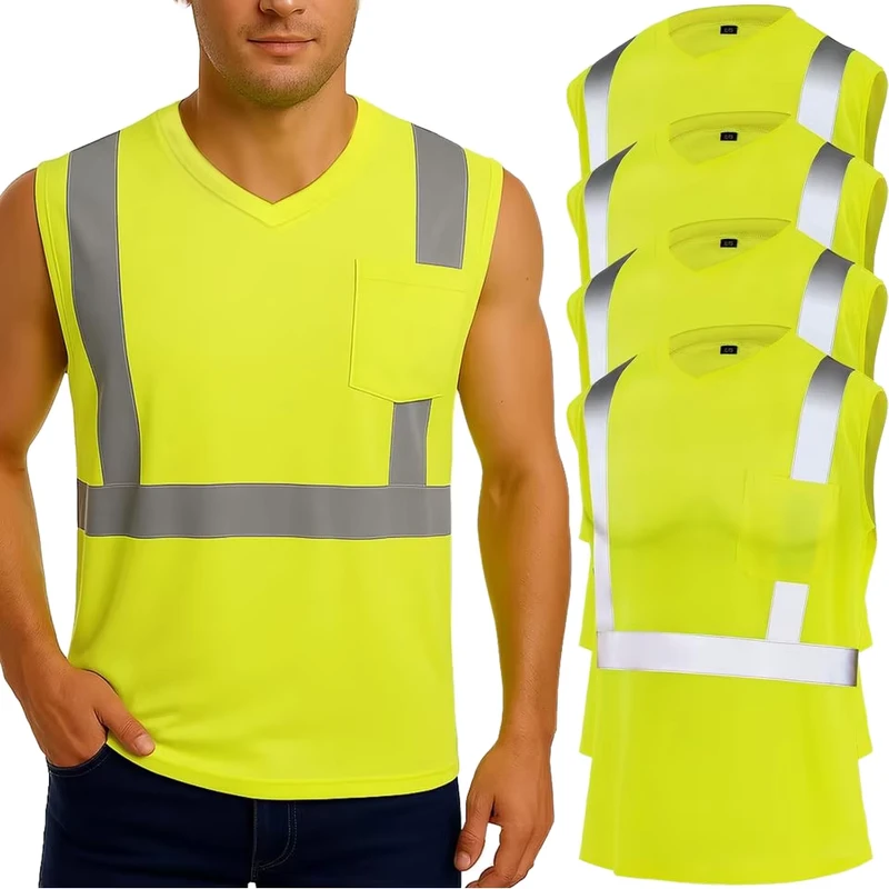 Hi-Vis Sleeveless Class 2 Reflective Construction Work Shirt with Pockets
