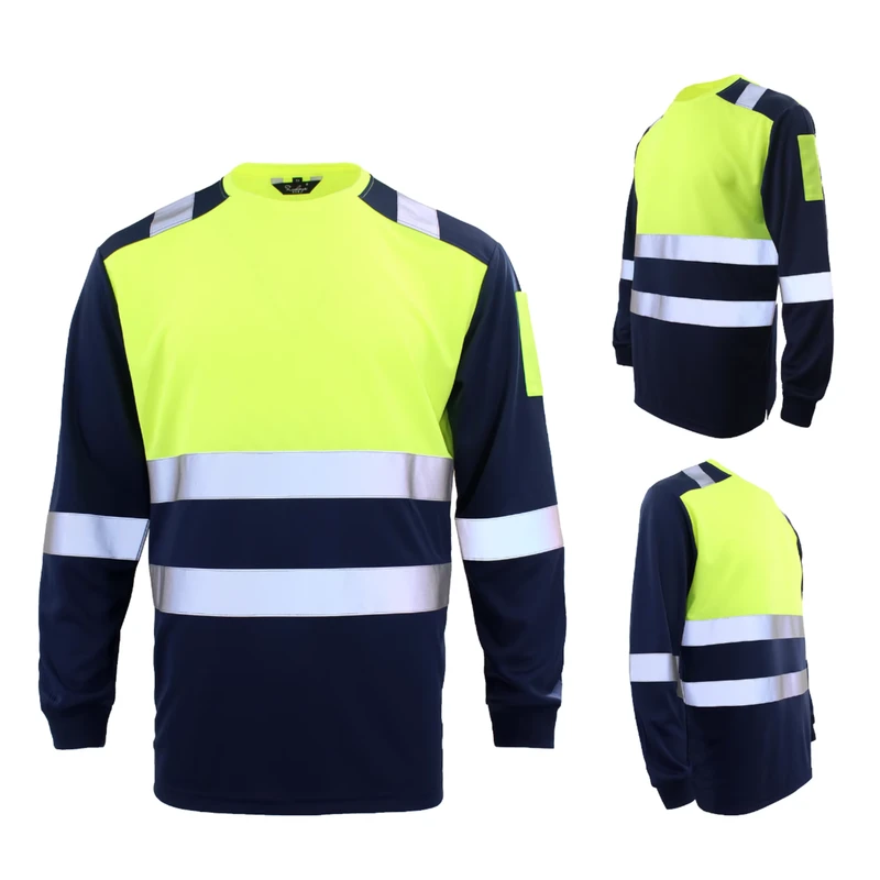 Hi Vis Two Tone Work Safety Vest Neck Long Sleeve Fluorescent Yellow Fluorescent Logo Reflective Safety Workwear Jacket Cotton