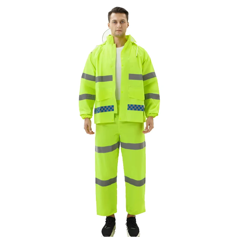 Hi Vis Waterproof Workwear Rain Jacket with Pant Reflective Safety Clothing for Travel and Hiking Windproof Hoodie and Pants