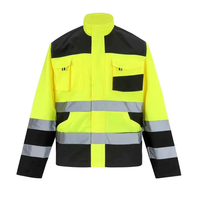 Hi-Vis-Work-Jacket-Contrast-Color-Fluorescent-Yellow-Reflective-Safety-Uniform-Workwear-Stand-Collar-Velcro-Cuffs-Nylon-Zipper