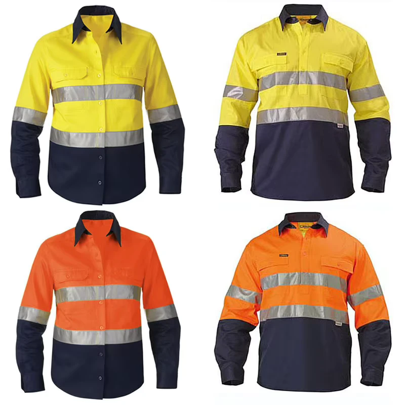 Hi Vis Work Shirt With Reflective Tape Cotton Drill Safety Shirt Miner Safety Uniform Mens High Visibility Shirts