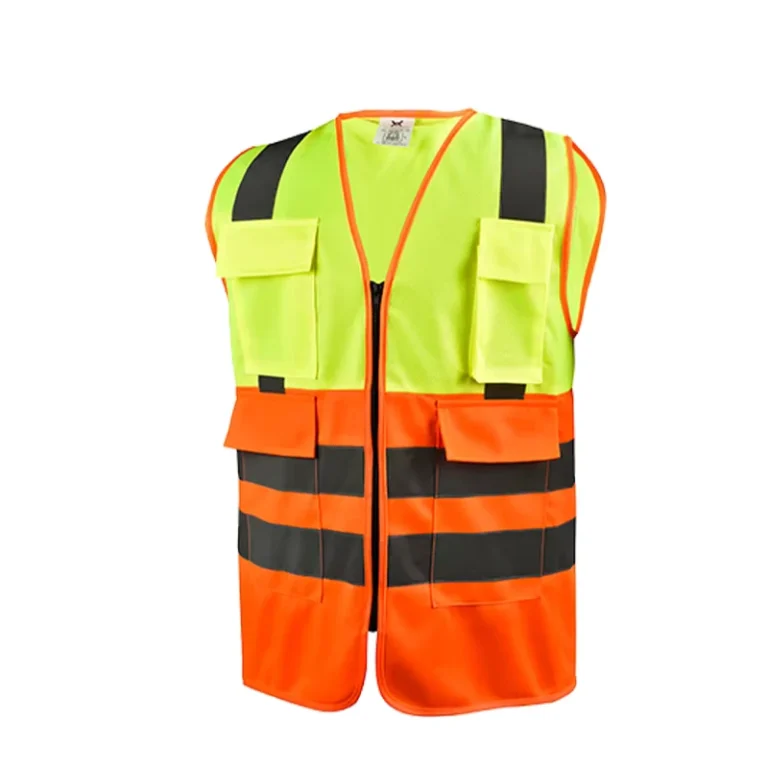 Hi-Vis-Workwear-Traffic-Vest-Polyester-Orange-Multi-Pockets-Construction-Reflective-Safety-Vest-with-Zipper