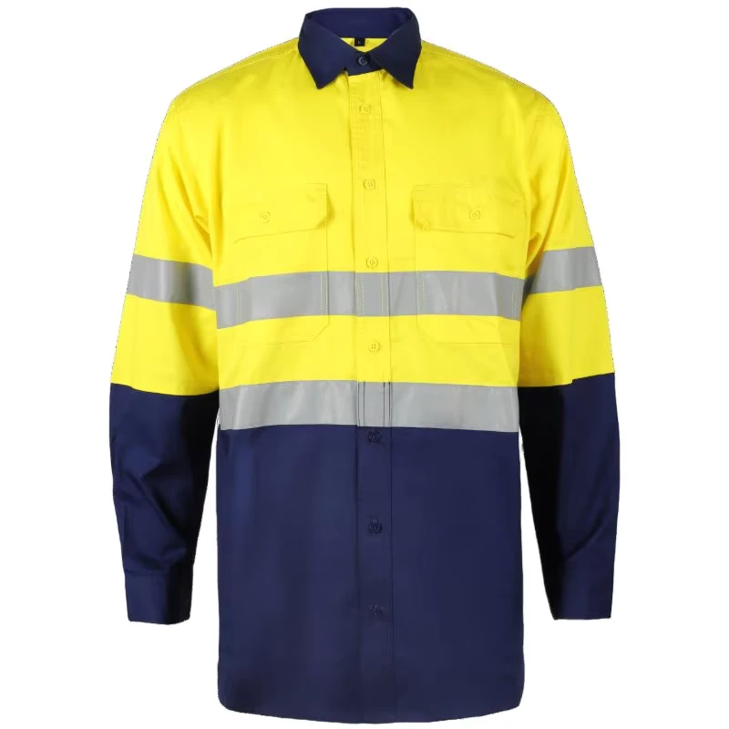 Hi Vis Yellow Construction Long Sleeve Workwear Reflective Safety Flame Retardant Shirt With Reflective Tapes