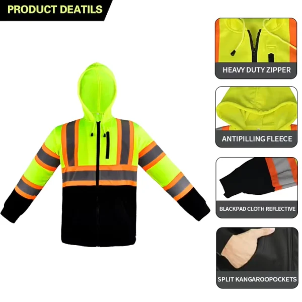 Hi Vis Yellow Reflective Thermal Insulation Vest Safety Hoodies Waterproof Reflective Winter Jackets With Zipper