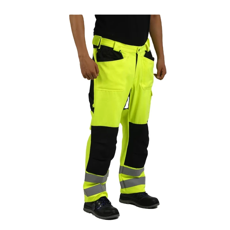 Hi Vis Yellow Reflective Work Pants for Men Polyester Construction Safety Cargo Workwear With Holster Factory Supply