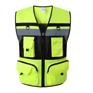 Hi Vis Zipper Front Black Safety Vest with Reflective Tapes and Extended Neon Yellow Strips ANSI/ISEA Standards