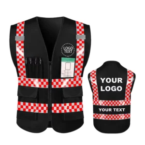 Hi Visibility Reflective Red Checkered Safety Vest with Pocket