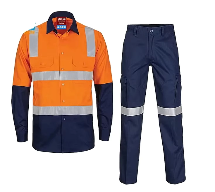 Hi Viz Shirt Work Pants Sets Mining Working Uniform Reflective Safety Workwear Multi Pockets