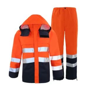 Hi-viz Hi Vis High Visibility Fluorescent Orange PU Rain Jacket Workwear Coat Waterproof Road Safety Rainwear