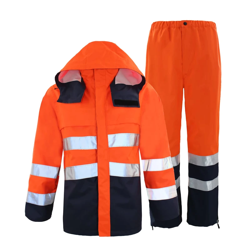 Hi-viz Hi Vis High Visibility Fluorescent Orange PU Rain Jacket Workwear Coat Waterproof Road Safety Rainwear