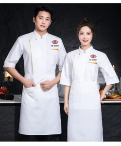 High End Poly Cotton Chef Uniform with Gold TrimShort Sleeves Unisex Design for Hote & Restaurant Breathable Custom Logo