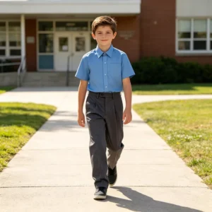 High Middle Primary School Long Gray Pants Trousers Blue Shirt Set Summer School Uniform Set for Boys and Girls Student