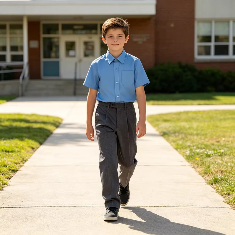 High Middle Primary School Long Gray Pants Trousers Blue Shirt Set Summer School Uniform Set for Boys and Girls Student