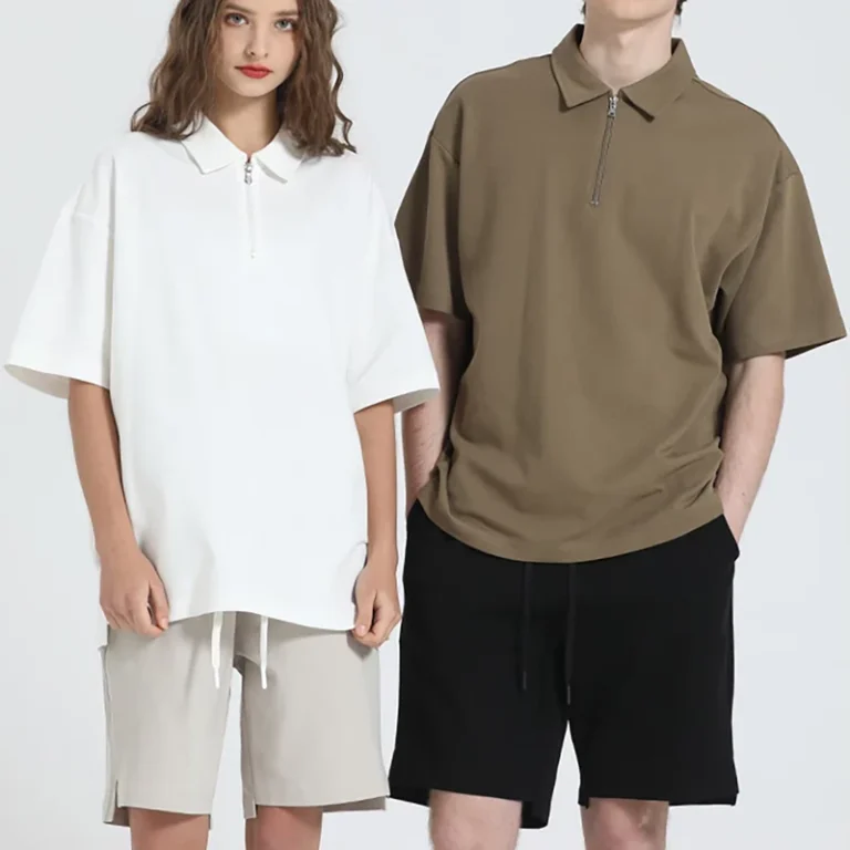 High-Quality-Anti-Wrinkle-Knitted-Print-Plain-Zipper-Collar-for-T-shirt-220gsm-Pique-Mens-Drop-Shoulder-for-Shirt