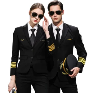 High Quality Classical Airline Pilot Uniform Cabin Crew Aviation Pilot Uniform Suit Black Polyester Viscose Long Sleeve Unisex