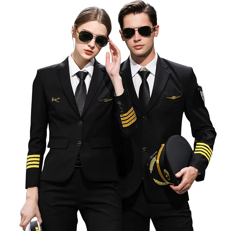 High Quality Classical Airline Pilot Uniform Cabin Crew Aviation Pilot Uniform Suit Black Polyester Viscose Long Sleeve Unisex