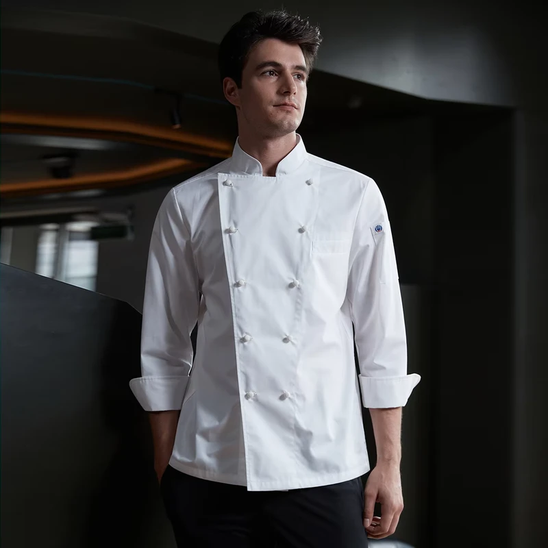 High Quality Custom Embroidery OEM Logo Chef Jacket Restaurant Kitchen Hotel Chef Cook Uniform Unisex Men Polyester Cotton Long