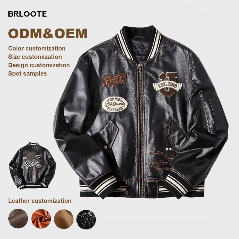 High Quality Customized Men's Baseball Embroidered Leather Breathable Windproof Jacket Pilot Bomber Style Casual Winter Stand