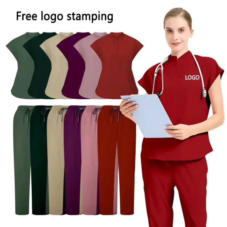 High-Quality-Fashion-Medical-Uniform-Scrub-Nurse-Top-Pants-Stretchy-Stand-Collar-Custom-logo-6-Solid-Color-White-Nurse-Uniform