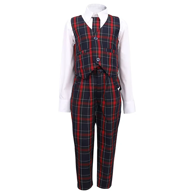 High Quality International School Uniform Design Fabric Plaid 3 Pcs Formal Vest Suit Kids School Uniforms With Tie
