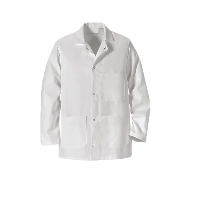 High Quality Long Sleeve Men's Polyester Cotton Blend Collarless Shop Lab Worker Wrap Coat Gripper Front Short Butcher Coat