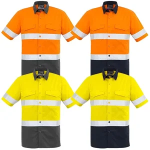 High Quality Men Cotton Two Tone Short Sleeve Safety Reflective Orange Yellow Hi Viz Work Shirts