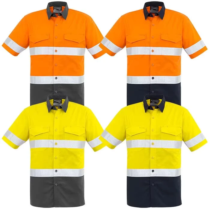 High Quality Men Cotton Two Tone Short Sleeve Safety Reflective Orange Yellow Hi Viz Work Shirts