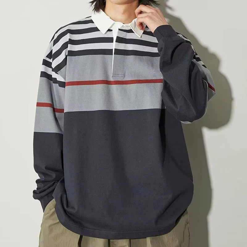 High Quality Men Striped Long Sleeve T Shirt Drop Shoulder Luxury Striped T Shirt Half Button Polo Long Sleeve T Shirt