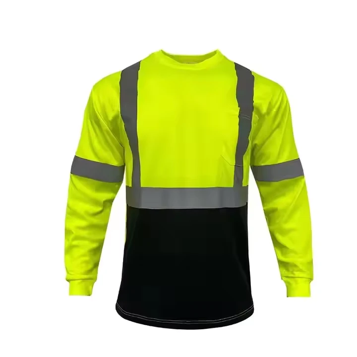 High Quality Men's Hi Vis Long Sleeve Green T Shirt Customizable Workwear Polyester Material with Customized Logo