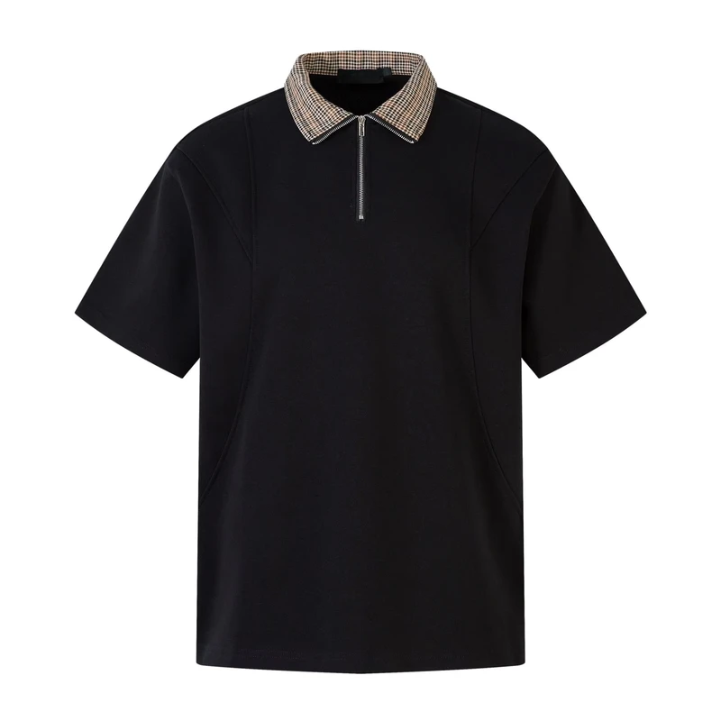 High Quality Summer New Plaid Splicing Simple Polo Shirt Lapel T shirt Men's Polp Shirt