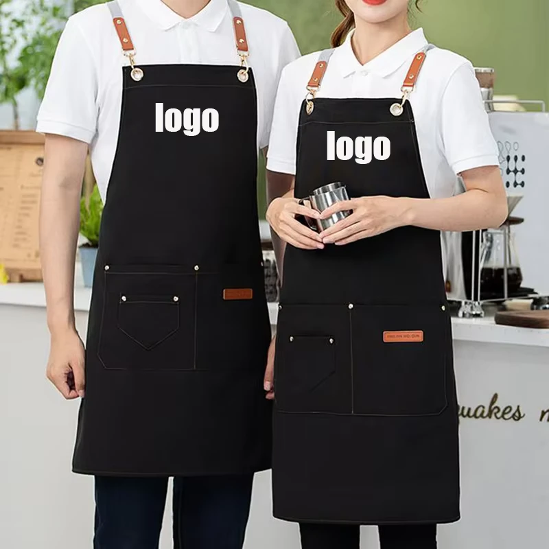 High Quality Unisex Waterproof Canvas Leather Accessories Apron Custom Logo Printing Restaurant Bar Uniform