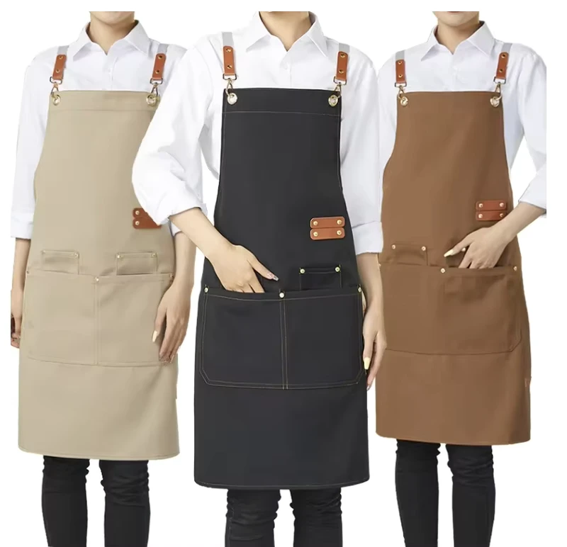 High Quality Unisex Waterproof Canvas Leather Accessories Apron Customized Logo Printing Restaurant and Bar Uniforms