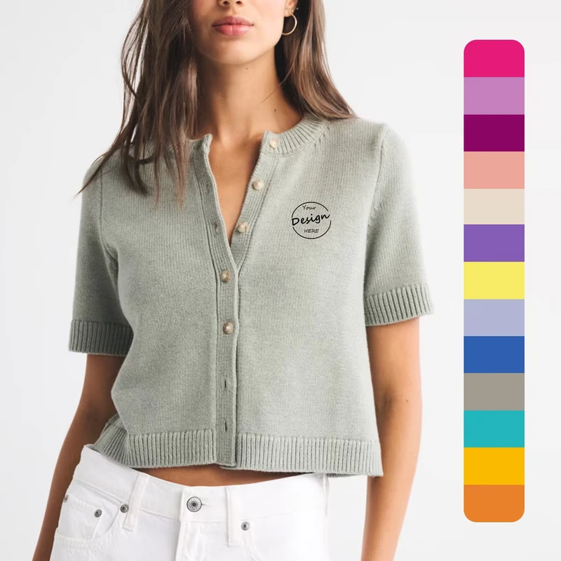High Quality Women's Wool Casual Breathable Button up Loose Fit Knit Ladies Sweater Short Sleeve Sweater Women