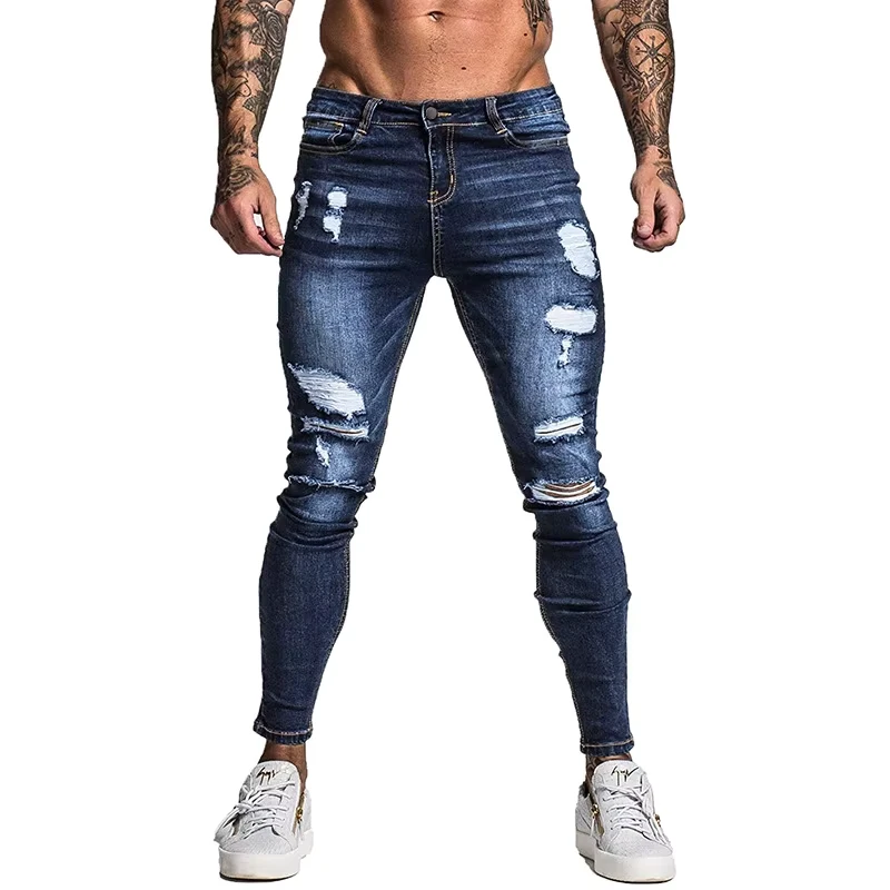 High Street American Style Denim Ragged Jeans Clothes Men's Slim Fit Ruined Jeans