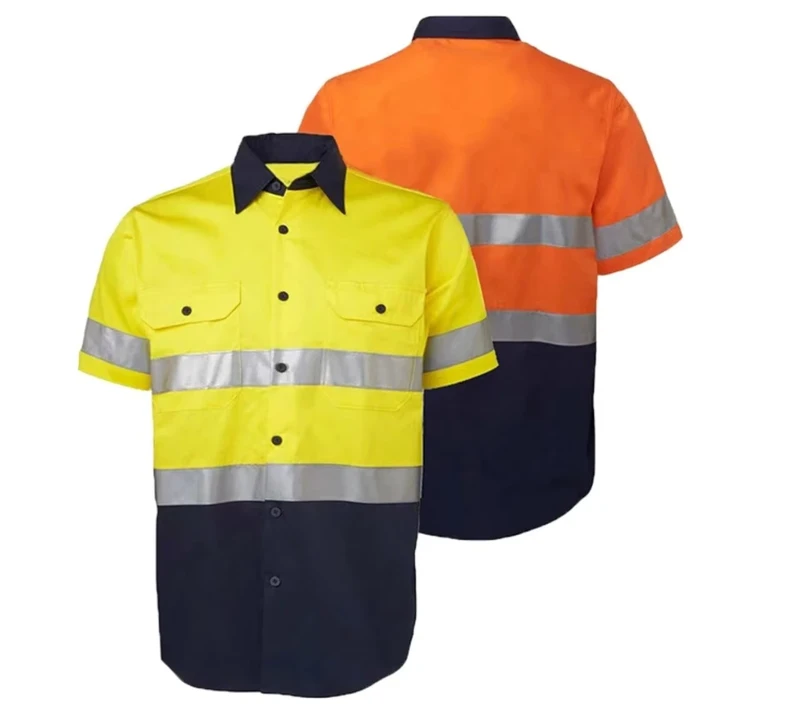 High Visibility 100% Cotton Yellow Navy Coal Mining Construction Short Sleeve Reflective Safety Hi Vis Work Shirt