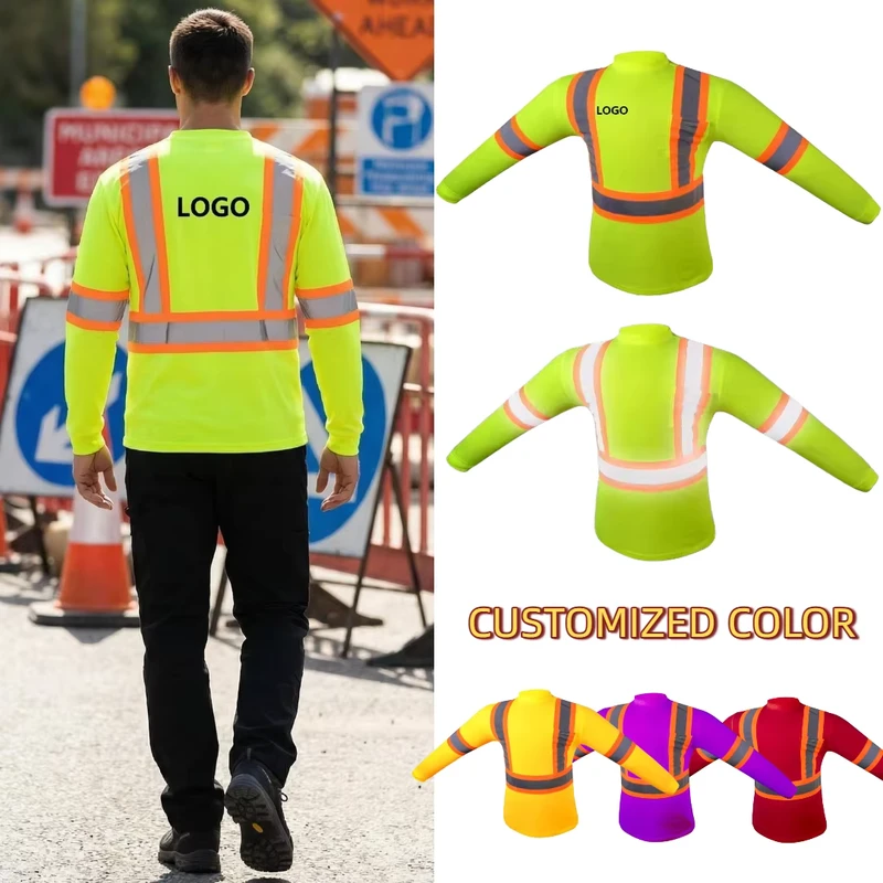 High Visibility 100% Polyester Quick-Dry Fluorescent Breathable Long Sleeve Road Construction Reflective Safety T-Shirt