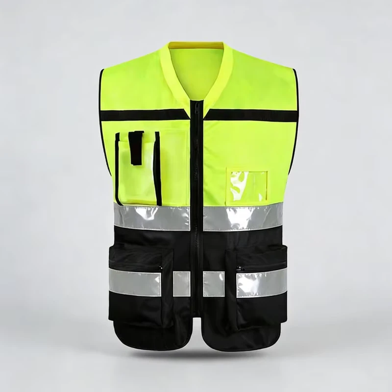 High Visibility ANSI Class 1 Waterproof Polyester Reflective Safety Vest Logo Functional Pockets for Traffic Construction Use