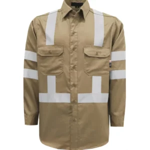 High Visibility Button 6.5oz Flame Resistant Hi Vis Reflective Safety Jacket Shirt NFPA 2112 Compliant CAT2 Arc Rated Cotton