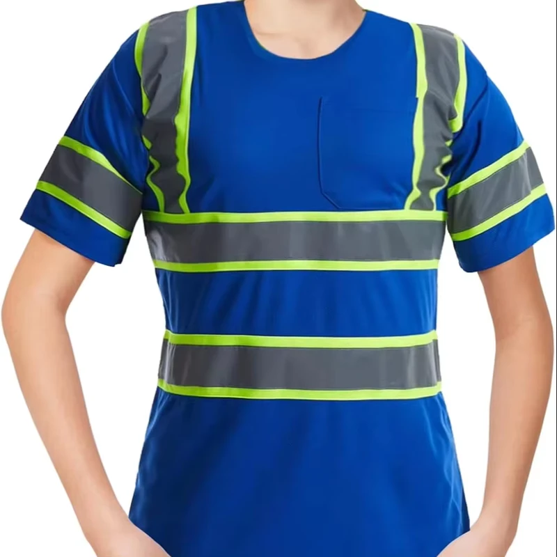 High Visibility Construction Work Short Sleeve Mesh Reflective Strips T Shirt Anti Static Feature