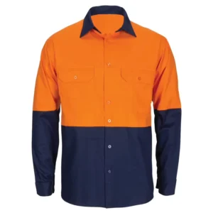 High Visibility Cotton Drill Orange Navy Two Tone Hi Vis Long Sleeve Industrial Workwear Mechanic Uniform Work Shirt