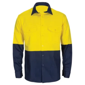 High Visibility Cotton Drill Yellow Navy Two Tone Hi Vis Long Sleeve Industrial Workwear Mechanic Uniform Work Shirt