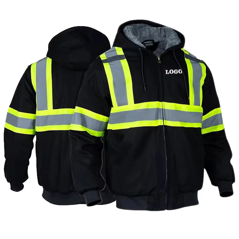 High Visibility Custom Logo Construction Industrial Workwear Road Winter Hi Vis Work Hoodie Coat Reflective Safety Jacket