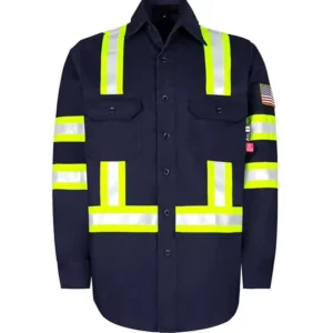 High Visibility FRC 100% Cotton Twill Water and Oil Repellent Shirt American Flag ANSI ISEA Type O Class1 Flame Resistant EN