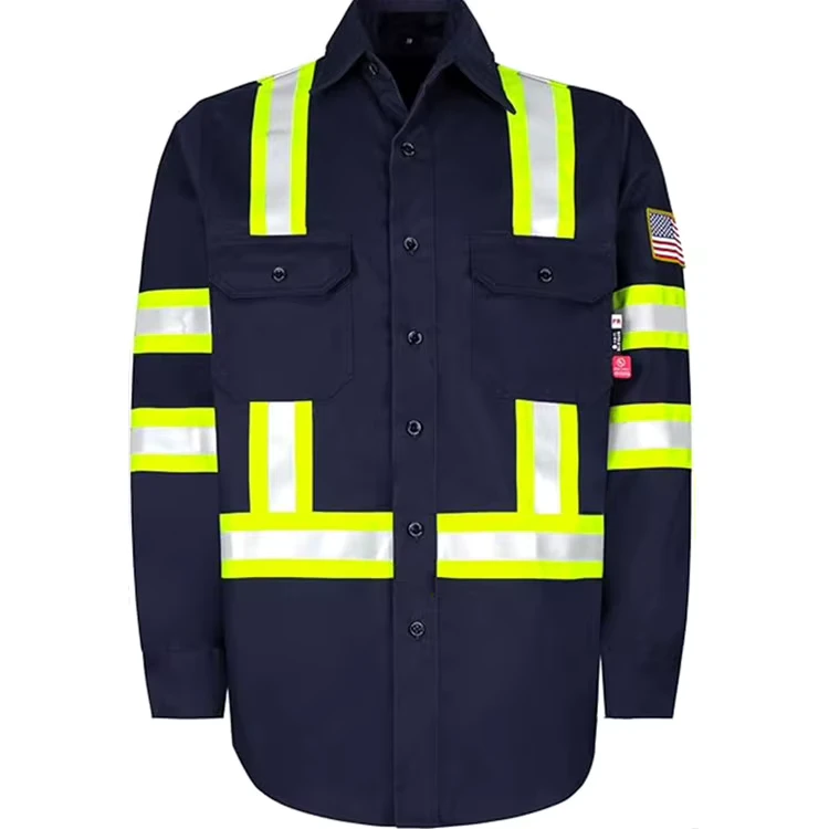 High Visibility FRC 100% Cotton Twill Water and Oil Repellent Shirt American Flag ANSI ISEA Type O Class1 Flame Resistant EN