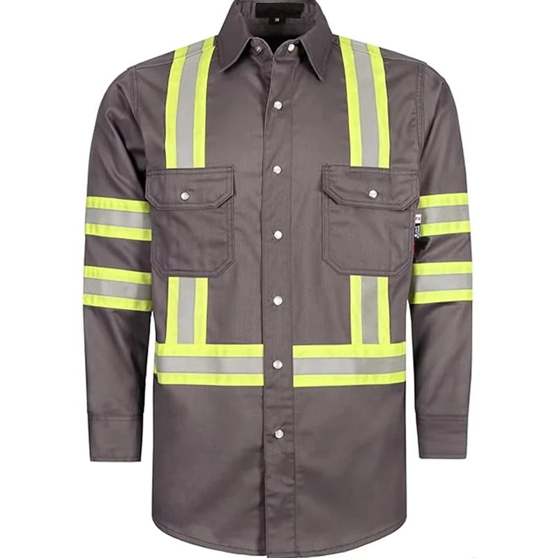 High Visibility Fire Retardant FR Shirts Yellow Silver Reflective X Back 6.5oz CAT2 NFPA2112 100% Cotton Twill Loose Fit Flame