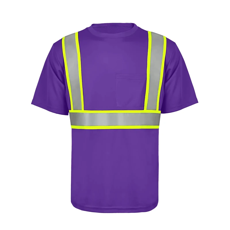 High Visibility Multi Scenario Use Reflective Workwear Tee Mesh Ventilation Fluorescent Purple Reflective Stripes Safety T Shirt