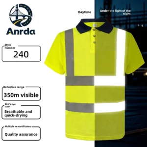 High Visibility Night Safety Reflective Shirt Short Sleeve Polo Fluorescent Work T Shirt Collared Hi Vis Gear