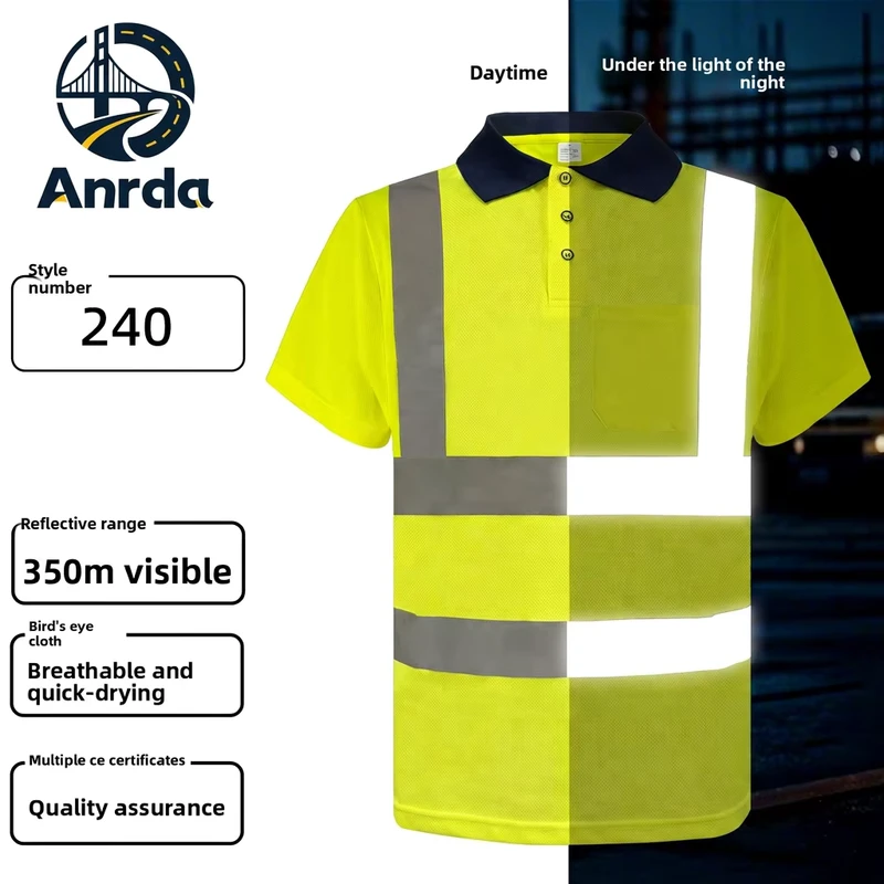 High Visibility Night Safety Reflective Shirt Short Sleeve Polo Fluorescent Work T Shirt Collared Hi Vis Gear
