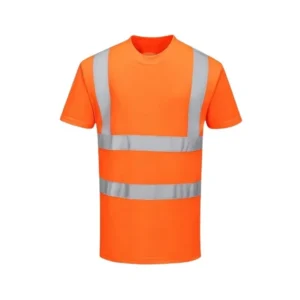 High Visibility Orange Breathable Short Sleeve Safety Work T Shirt with Two Reflective Stripes Unisex Polyester